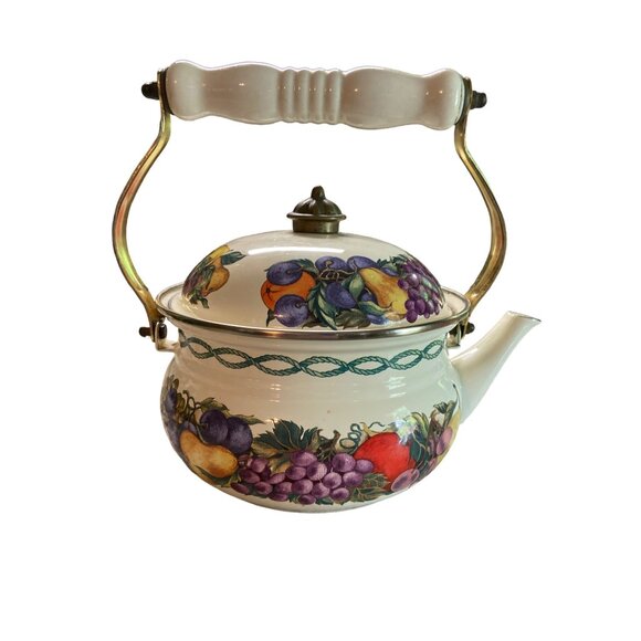 Vintage Cornucopia Fruit Enamel Teapot Ceramic Handle Farmhouse Kitchen Decor - Picture 4 of 6